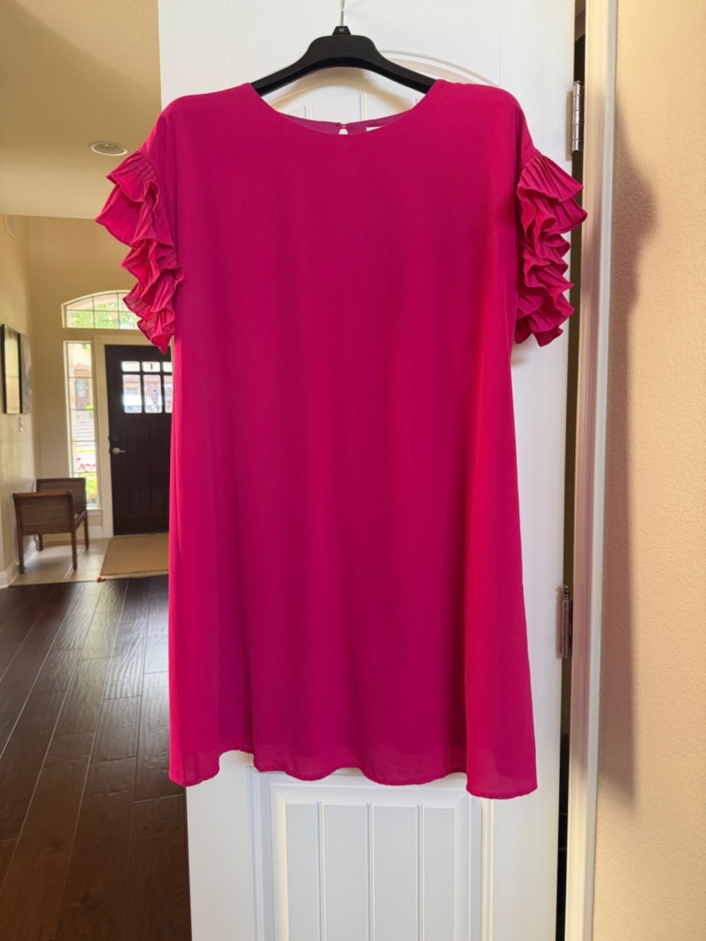 Bright Fuchsia Ruffle-Sleeve Shift Dress